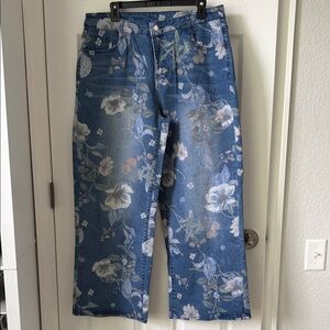 Floral Print Wide Leg Denim Jeans - Blue
